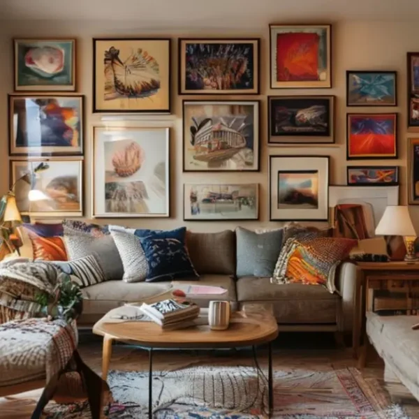 Uma sala estilosa decorada com quadros e posters, refletindo uma atmosfera acolhedora e convidativa.