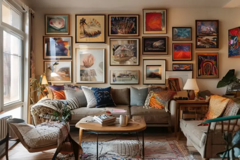 Uma sala estilosa decorada com quadros e posters, refletindo uma atmosfera acolhedora e convidativa.