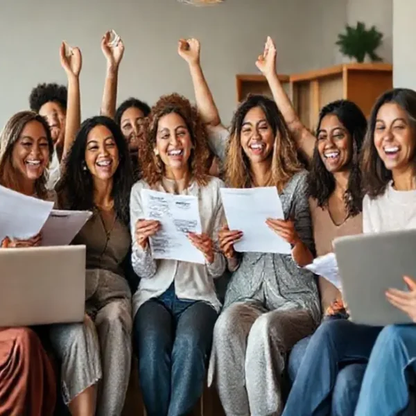 Grupo de mulheres felizes discutindo finanças pessoais