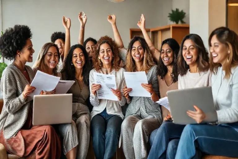 Grupo de mulheres felizes discutindo finanças pessoais