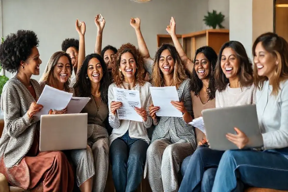 Grupo de mulheres felizes discutindo finanças pessoais