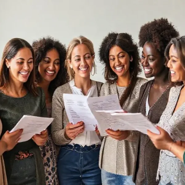Grupo de mulheres discutindo suas metas financeiras, simbolizando o apoio e a força da comunidade feminina.