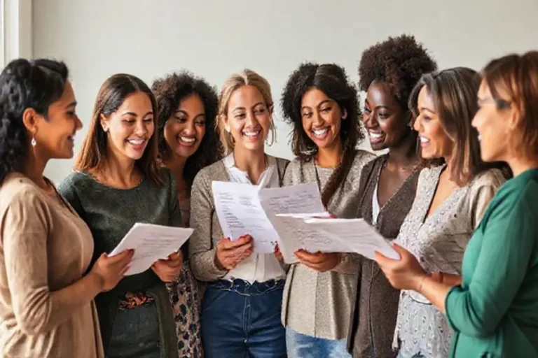Grupo de mulheres discutindo suas metas financeiras, simbolizando o apoio e a força da comunidade feminina.