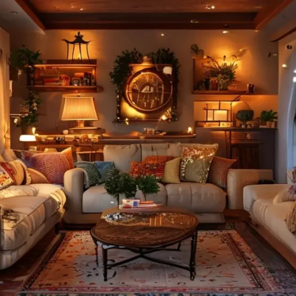 Área de estar decorada com móveis confortáveis e elementos que acrescentam personalidade.