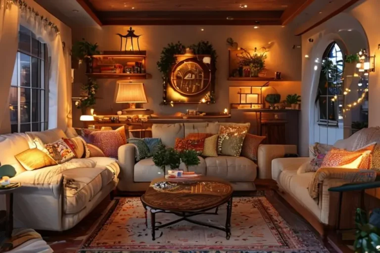 Área de estar decorada com móveis confortáveis e elementos que acrescentam personalidade.