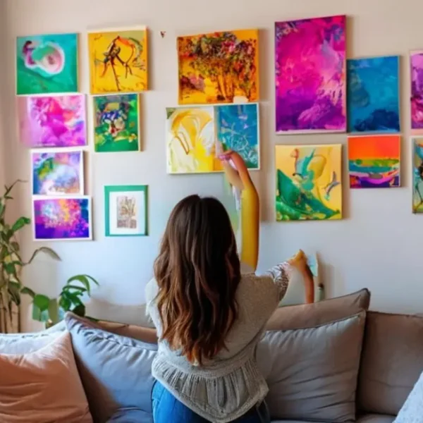 Uma mulher alegre decorando sua sala de estar com quadros coloridos.