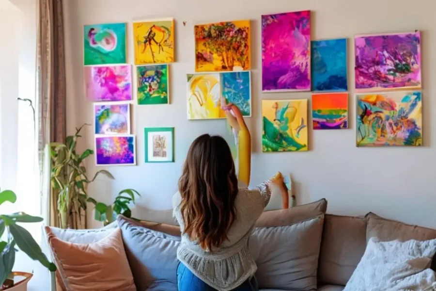 Uma mulher alegre decorando sua sala de estar com quadros coloridos.