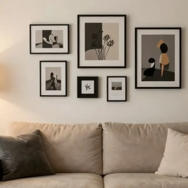 Espaço de vida decorado de forma acolhedora com quadros e posters.