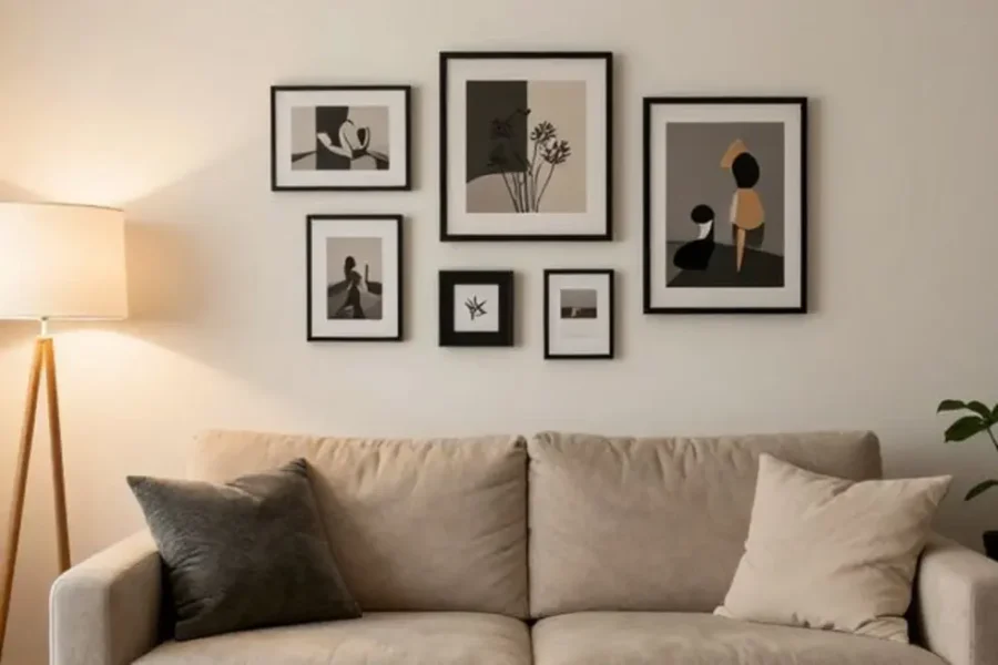 Espaço de vida decorado de forma acolhedora com quadros e posters.