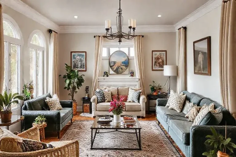 Sala de estar decorada com estilo acolhedor e pessoal.