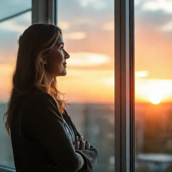 Mulher olhando pela janela com um sorriso, simbolizando um futuro financeiro otimista.