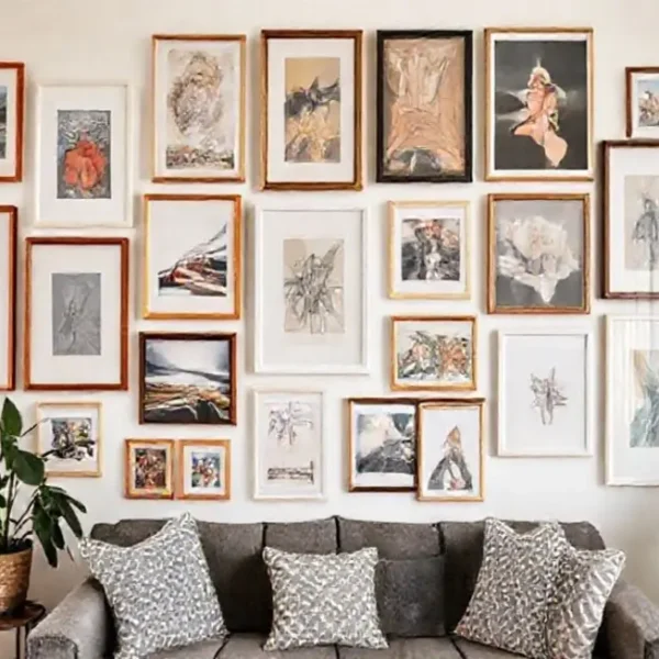 Parede decorativa com uma mistura de quadros e peças artísticas.