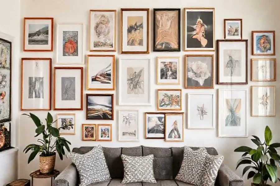 Parede decorativa com uma mistura de quadros e peças artísticas.