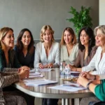 Grupo de mulheres trocando ideias sobre finanças pessoais.