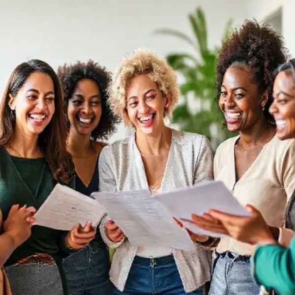 Grupo de mulheres sorrindo e compartilhando conhecimentos sobre finanças.