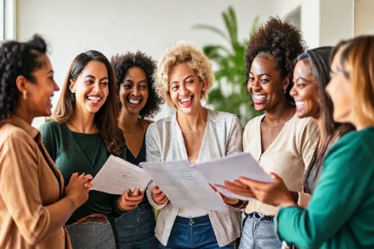 Grupo de mulheres sorrindo e compartilhando conhecimentos sobre finanças.