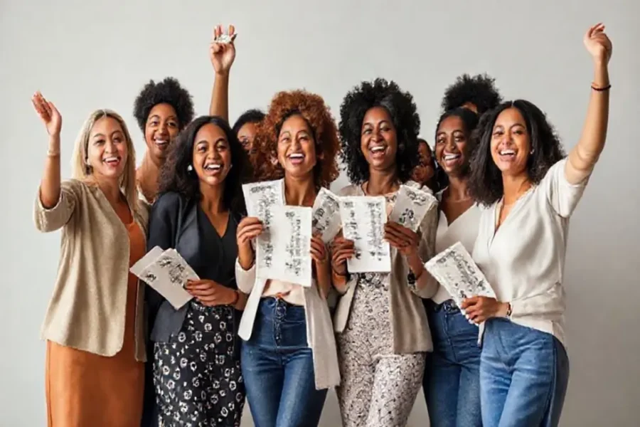 Mulheres comemorando conquistas financeiras.