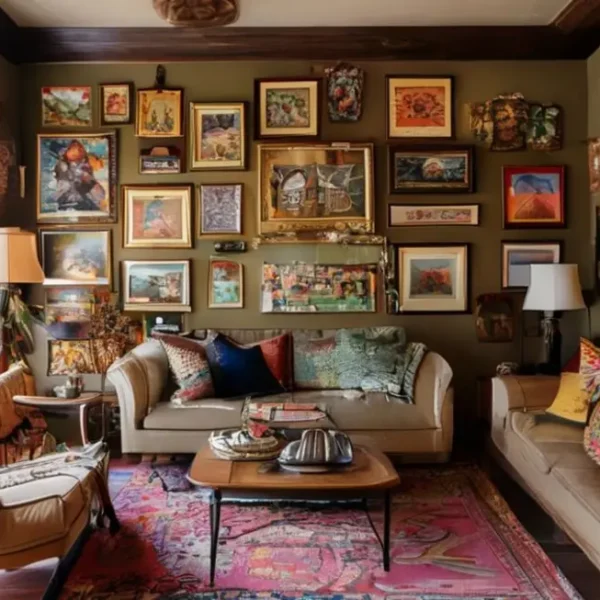 Interior de casa decorado com uma mistura de quadros e pôsteres.