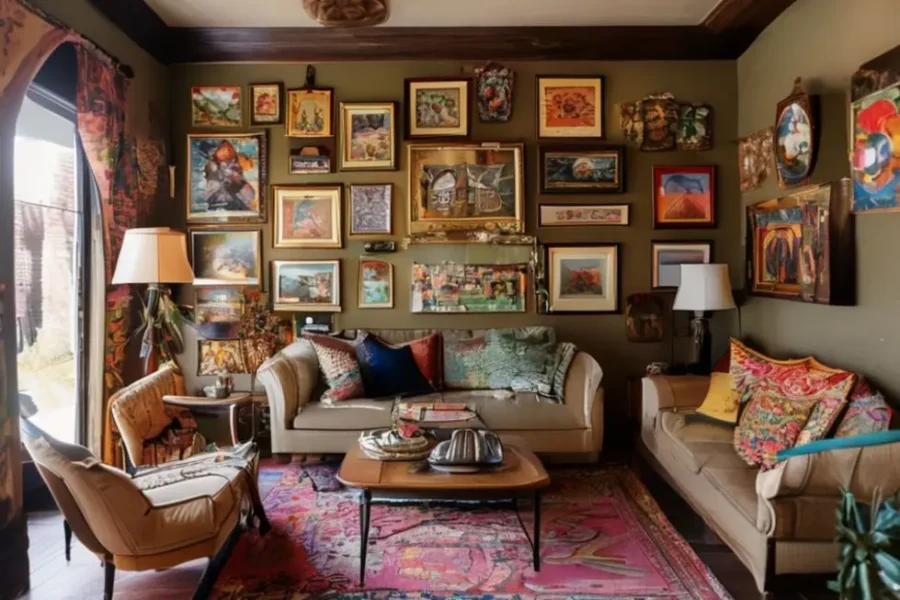 Interior de casa decorado com uma mistura de quadros e pôsteres.