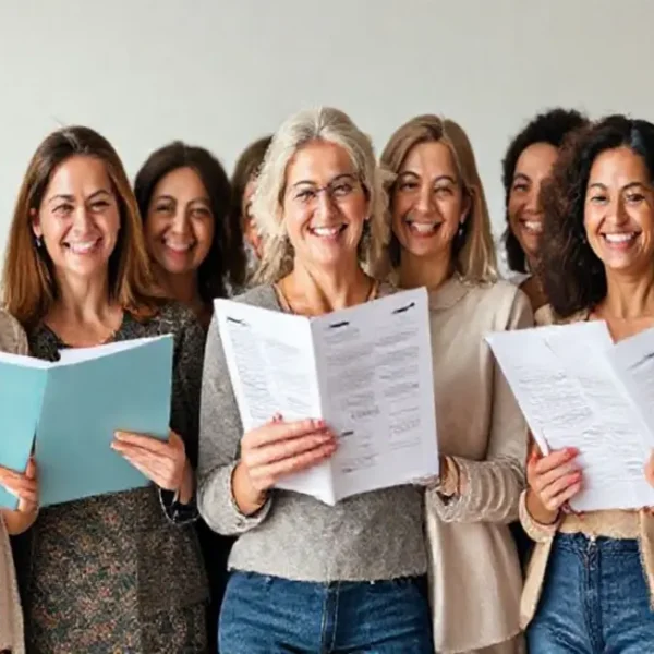 Grupo de mulheres de diferentes idades segurando relatórios financeiros, simbolizando empoderamento