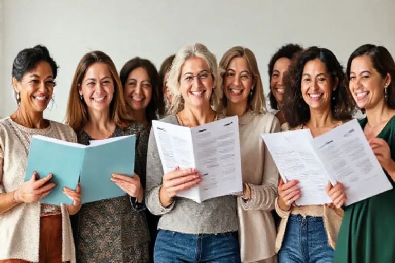 Grupo de mulheres de diferentes idades segurando relatórios financeiros, simbolizando empoderamento