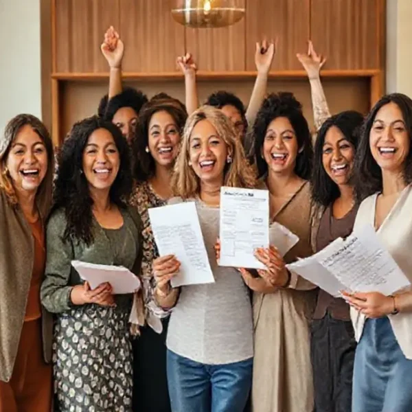 Grupo de mulheres felizes reunidas para discutir investimentos.