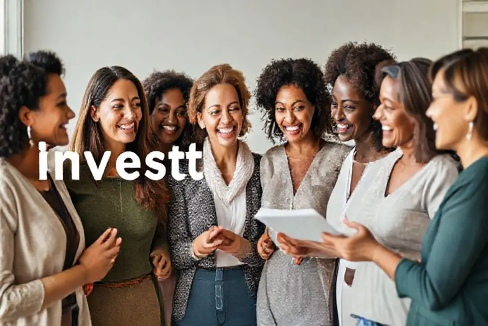 Grupo de mulheres discutindo estratégias de investimento.