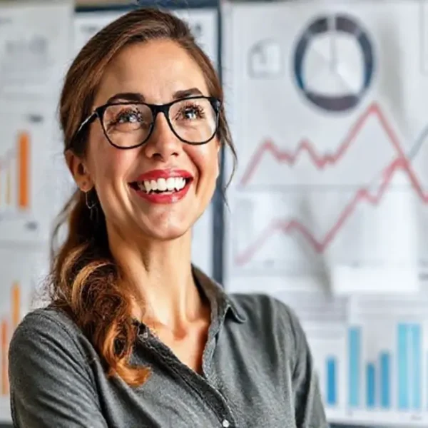 Mulher confiante analisando gráficos financeiros.