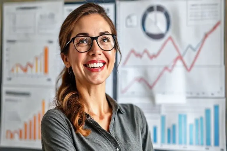 Mulher confiante analisando gráficos financeiros.