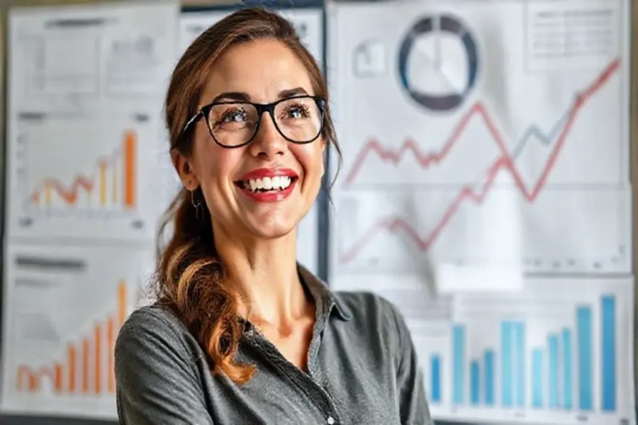 Mulher confiante analisando gráficos financeiros.
