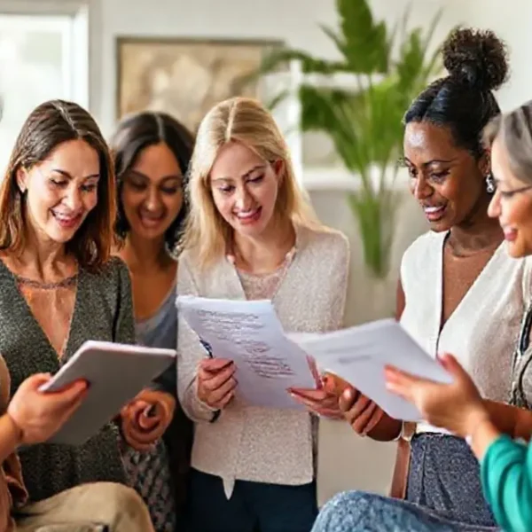 Grupo de mulheres discutindo planejamento financeiro e investimentos.
