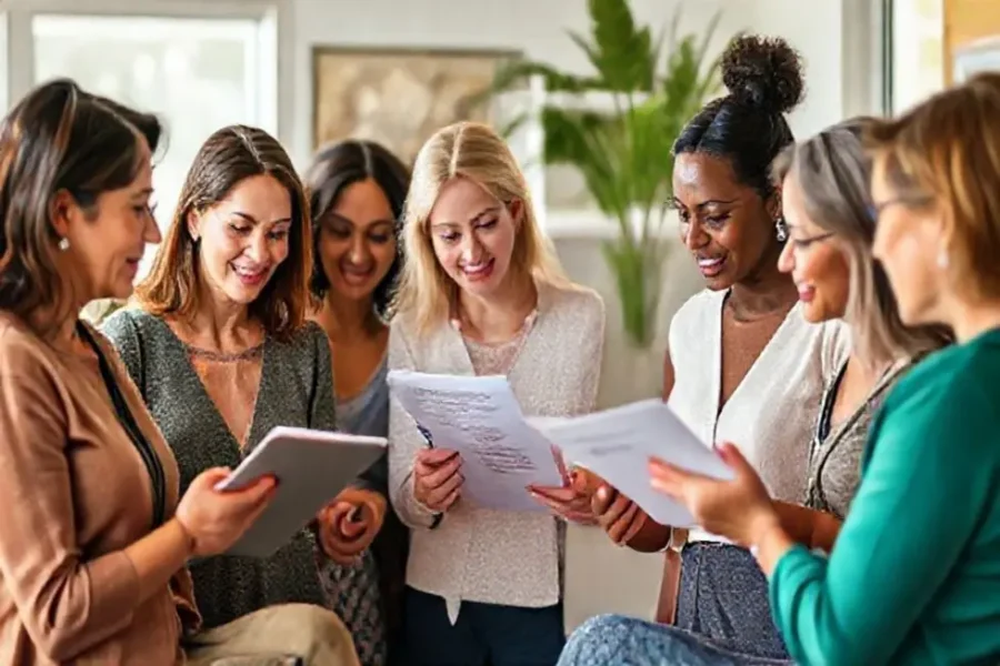 Grupo de mulheres discutindo planejamento financeiro e investimentos.