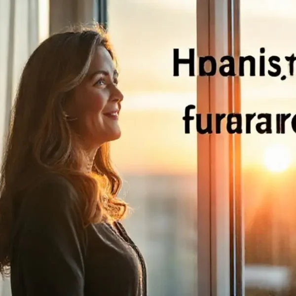 Mulher olhando pela janela pensativa sobre seu futuro financeiro.