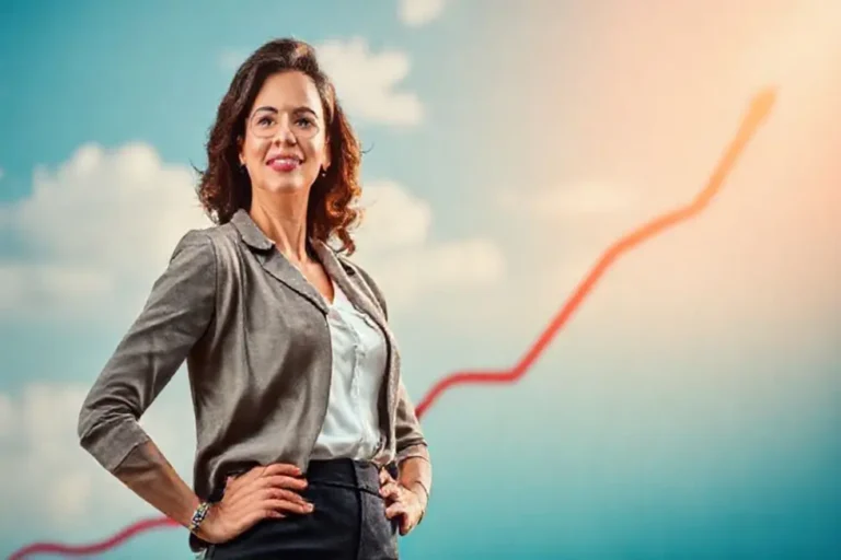 Mulher confiante com gráfico de crescimento representando sucesso financeiro.