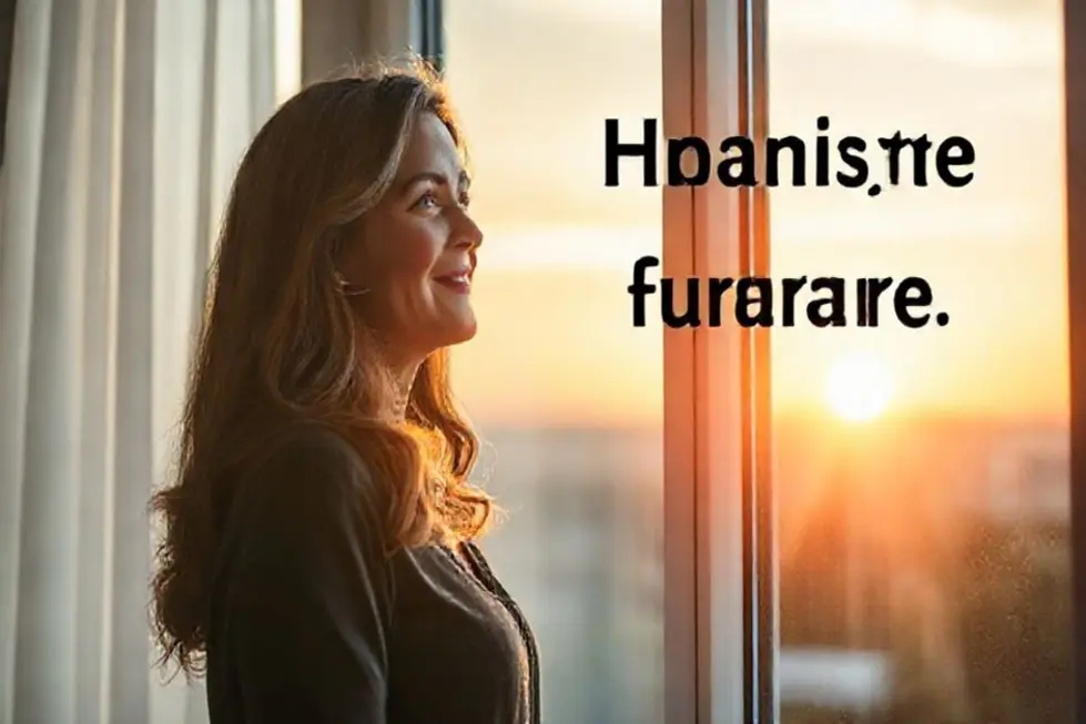 Mulher olhando pela janela pensativa sobre seu futuro financeiro.