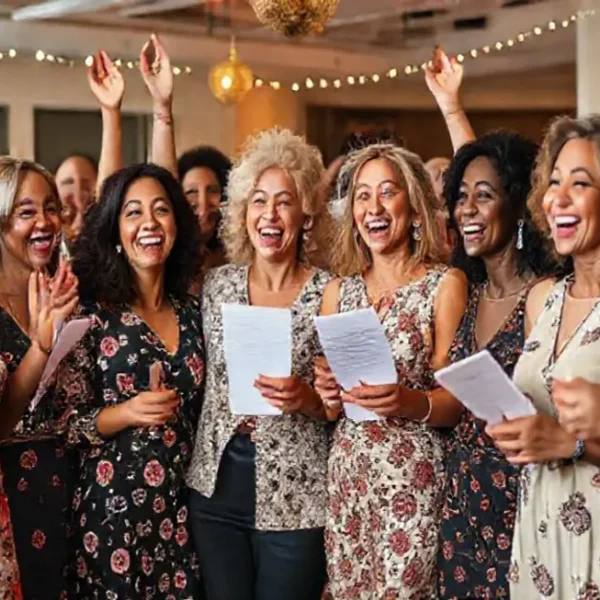 Mulheres celebrando conquistas financeiras juntas.