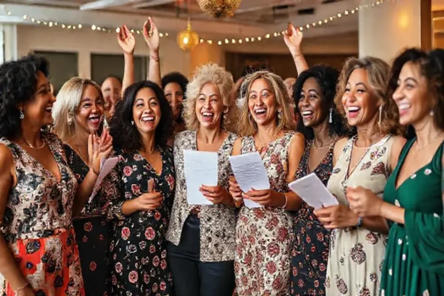 Mulheres celebrando conquistas financeiras juntas.