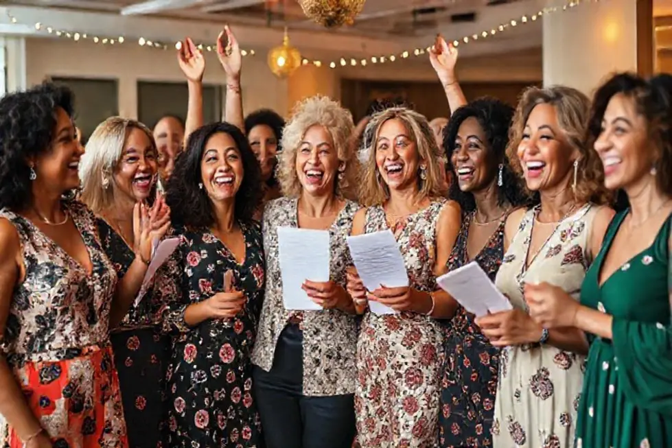 Mulheres celebrando conquistas financeiras juntas.