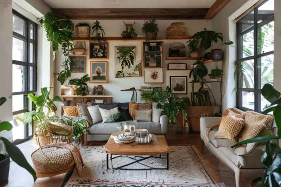 Interiores de casa com decoração acolhedora e estilosa.