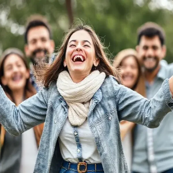 Mulher celebrando sua jornada de investimentos com a família.