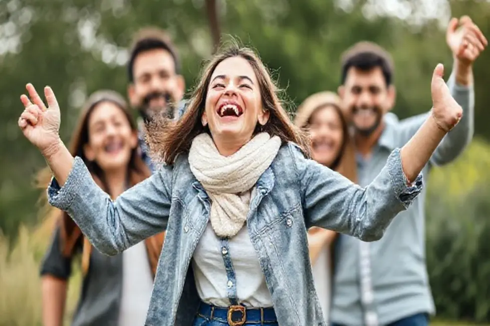 Mulher celebrando sua jornada de investimentos com a família.