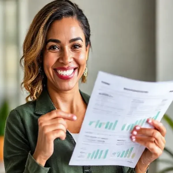 Mulher sorridente segurando um relatório financeiro.