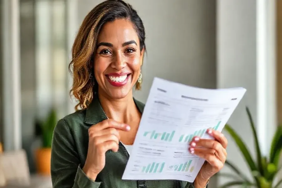 Mulher sorridente segurando um relatório financeiro.