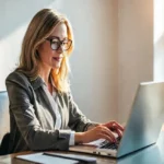 Mulher confiante calculando seus investimentos.