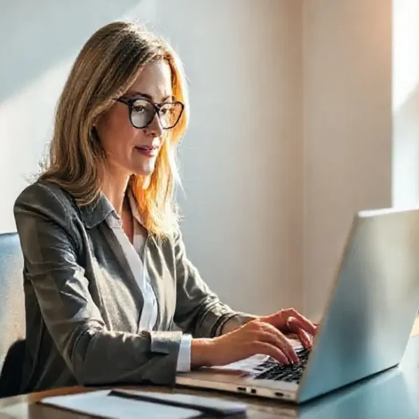 Mulher confiante calculando seus investimentos.