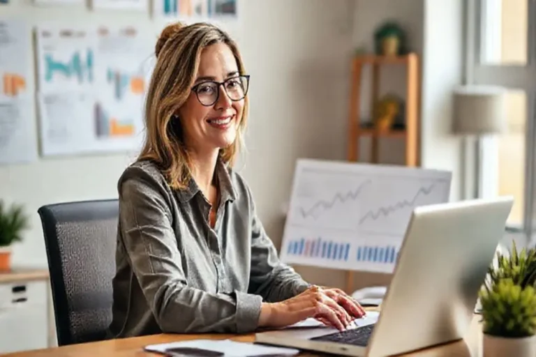 Mulher trabalhando em sua mesa com gráficos financeiros.