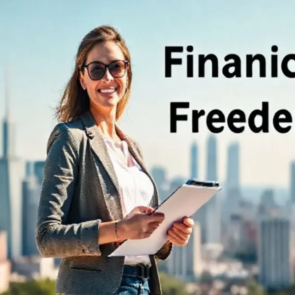 Mulher em frente a um skyline urbano, simbolizando a liberdade financeira.