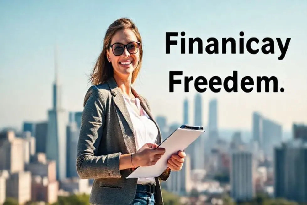 Mulher em frente a um skyline urbano, simbolizando a liberdade financeira.
