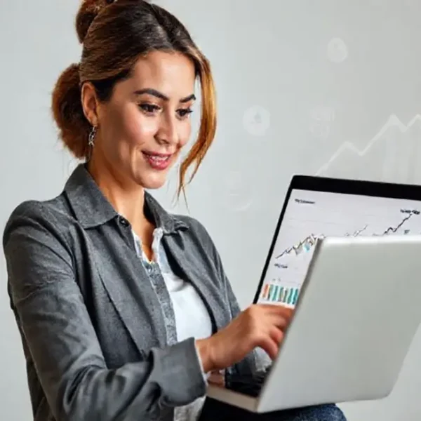 Mulher confiante analisando gráficos de finanças.