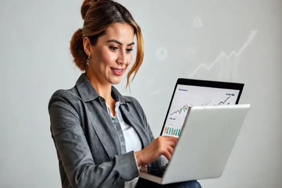 Mulher confiante analisando gráficos de finanças.
